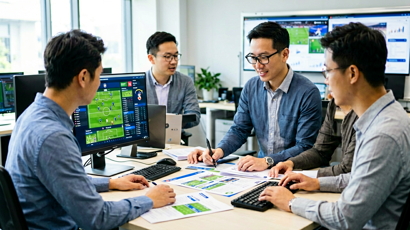 Bwin赛事分析团队在数据工作台前进行赛事资料整理与内容审核